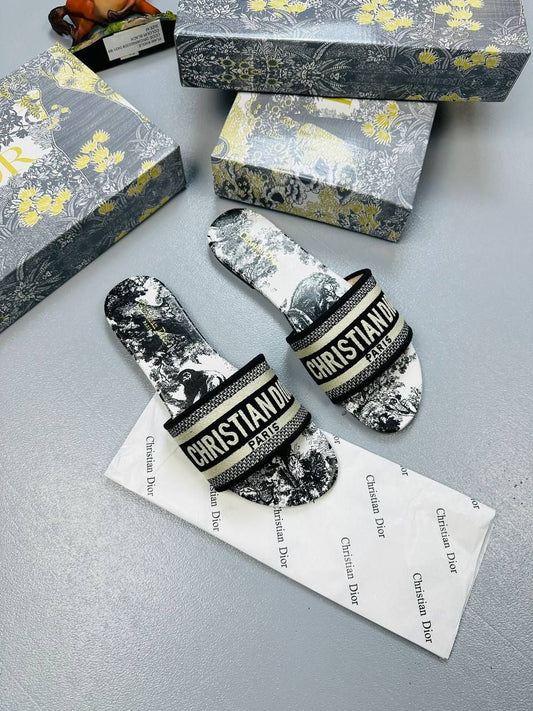 Christian Dior Paris Dway Slides/ Sandals Women's In Black Floral Sale UK