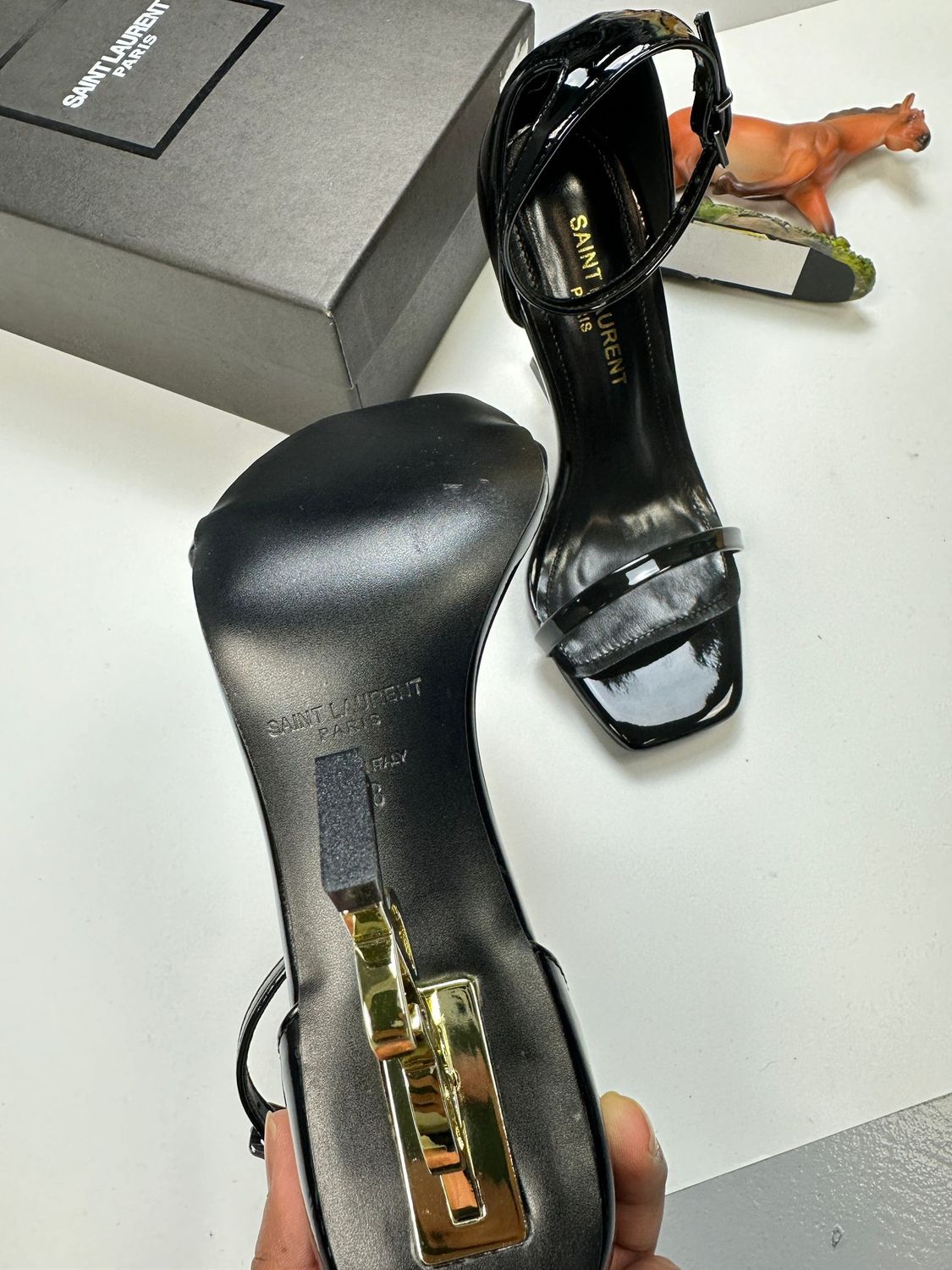 YSL Saint Laurent Women's Opyum Sandals Heels Shoes Gold Toned In Black Color Sale UK