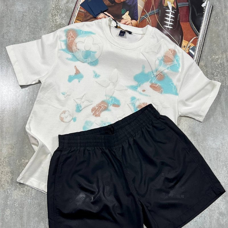 Louis Vuitton Men's Watercolor Monogram T-Shirt & Black Swim Shorts Set AAA Quality UK Reps