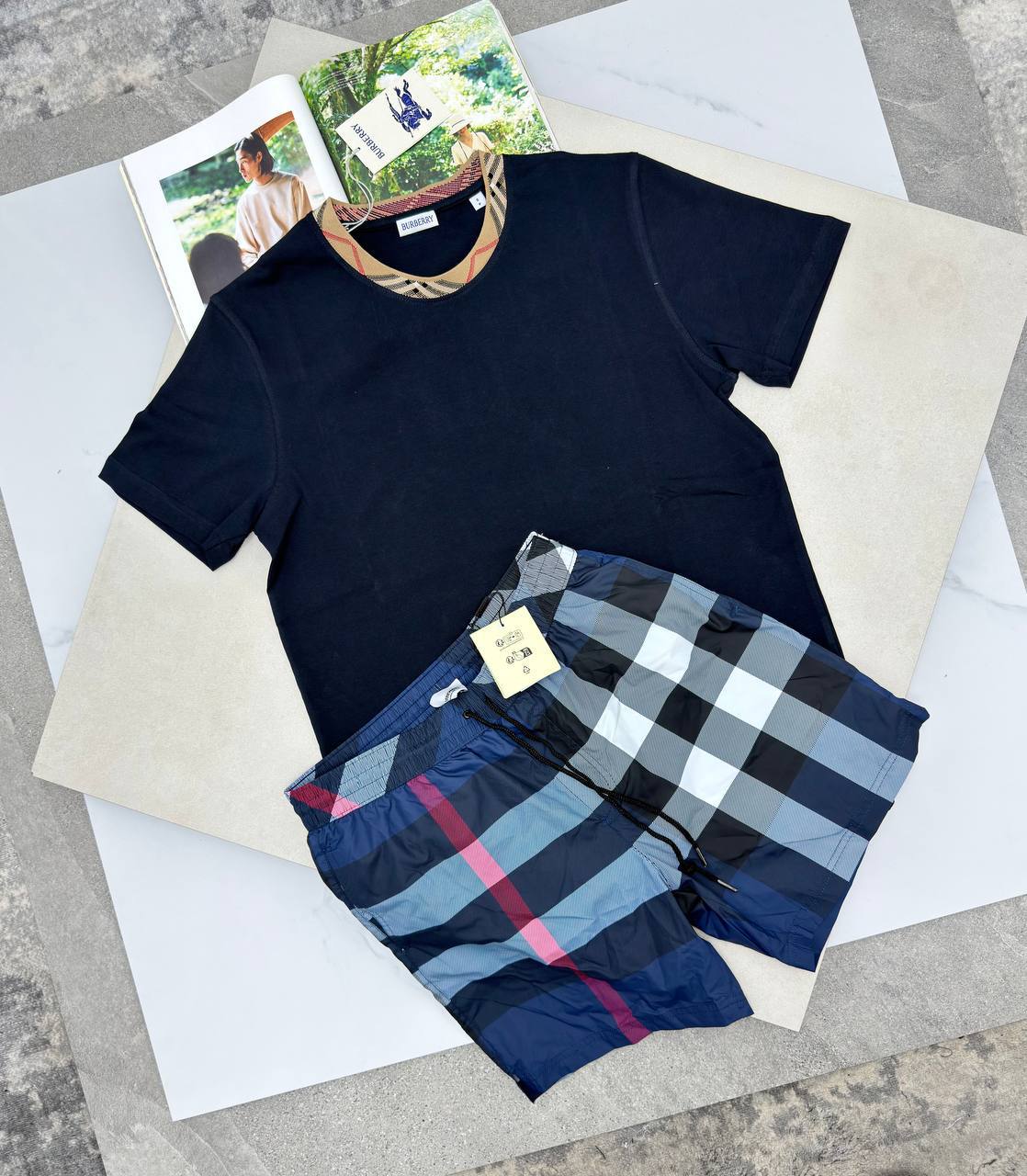 Burberry Men's Summer Set: Check Trim T-Shirt & Swim Shorts AAA Quality UK Reps