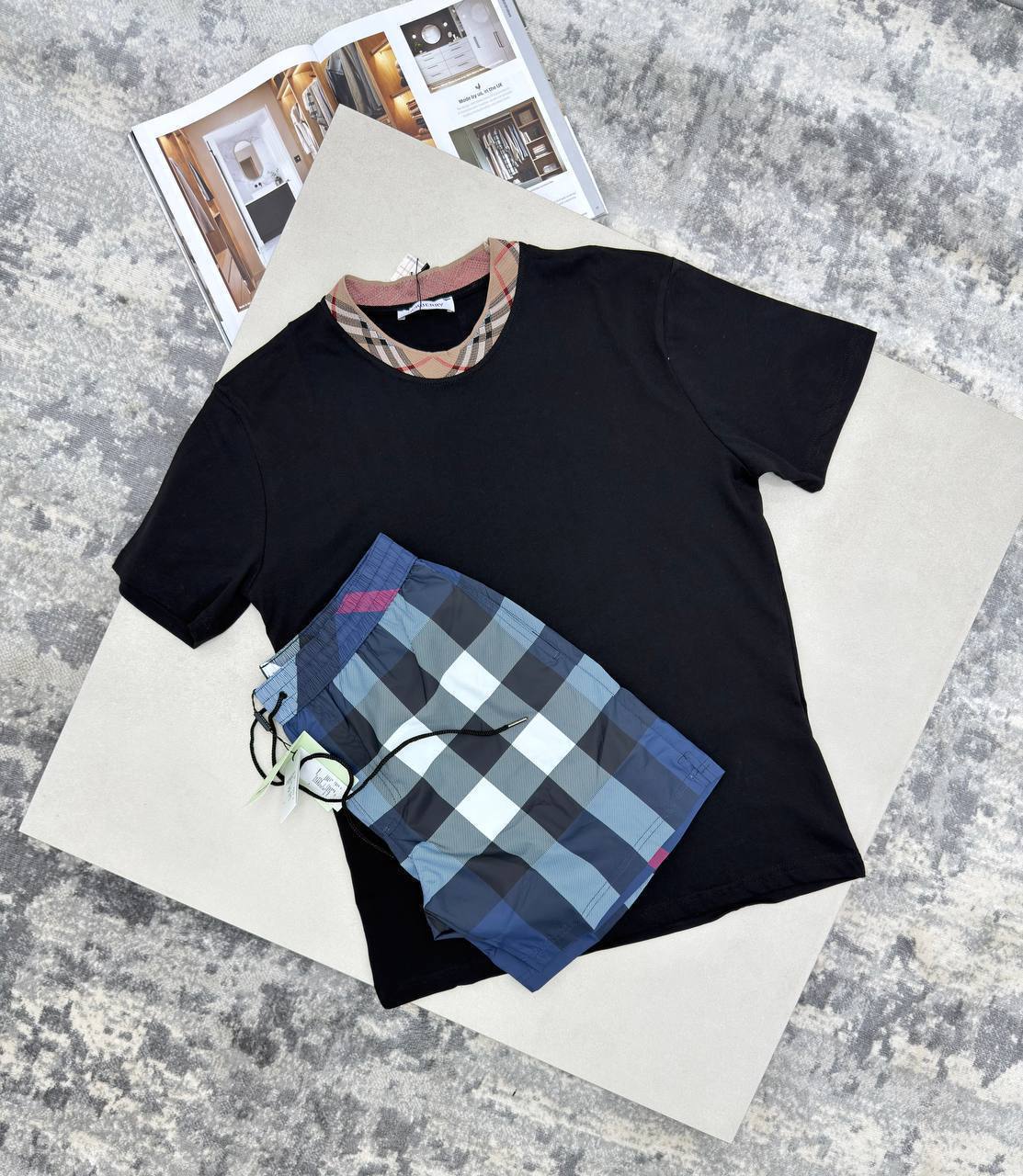 Burberry Men's Summer Set: Check Trim T-Shirt & Swim Shorts AAA Quality UK Reps