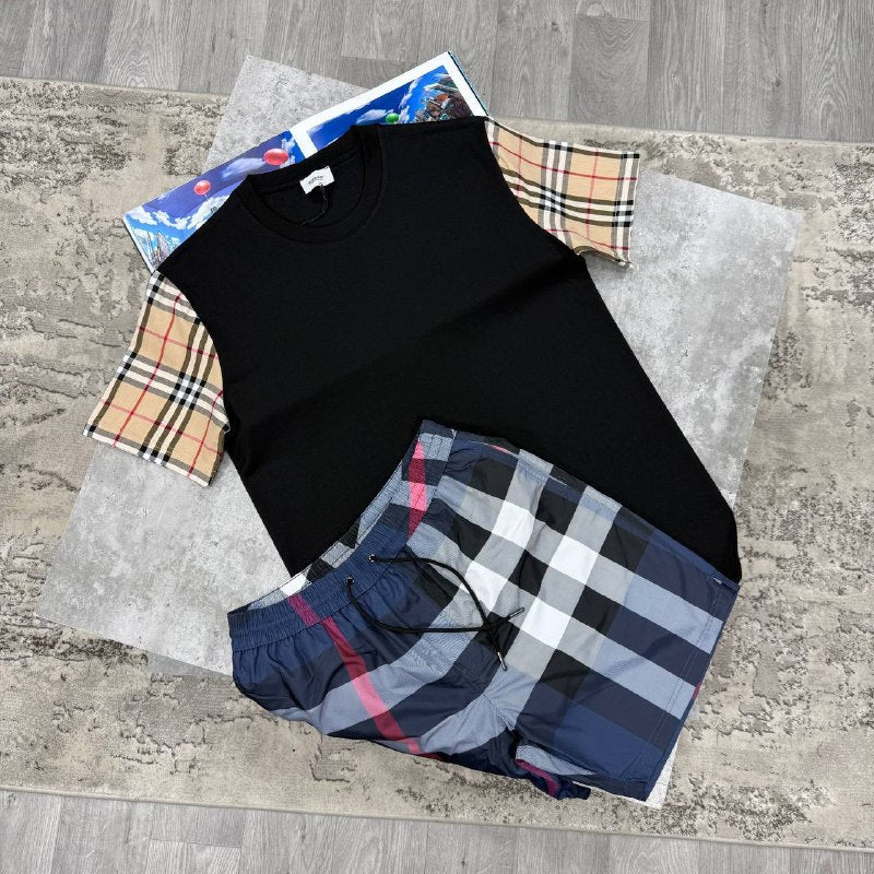 Burberry Men's Two-Piece Set: Black Check-Sleeve T-Shirt & Carbon Blue Check Shorts AAA Quality UK Reps