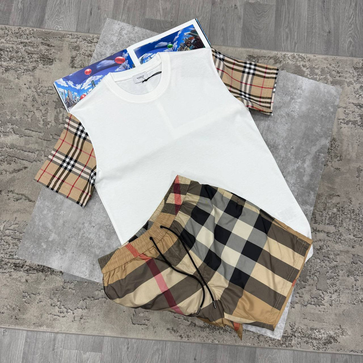 Burberry Vintage Check Cotton Tee & Matching Drawstring Swim Shorts Set AAA Quality UK Reps