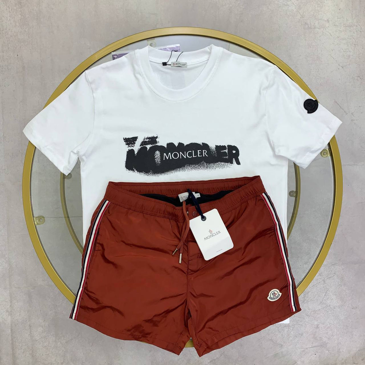 Moncler Men's White Graffiti Graphic T-Shirt and Rust Red Striped Swim Shorts SuperClone Quality UK Reps