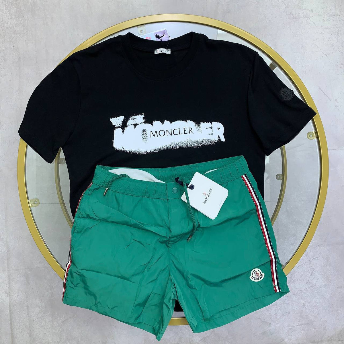 Moncler Spray-Print T-Shirt & Green Swim Shorts Co-ord Set SuperClone Quality UK Reps