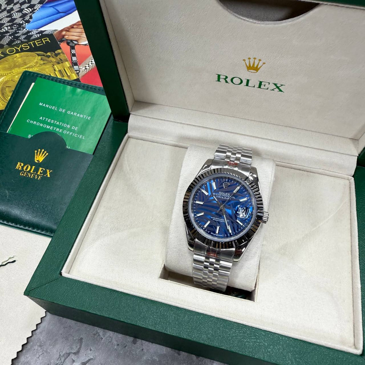 Rolex Datejust Blue Palm Motif Dial Fluted Bezel Jubilee Set SuperClone Quality UK Reps