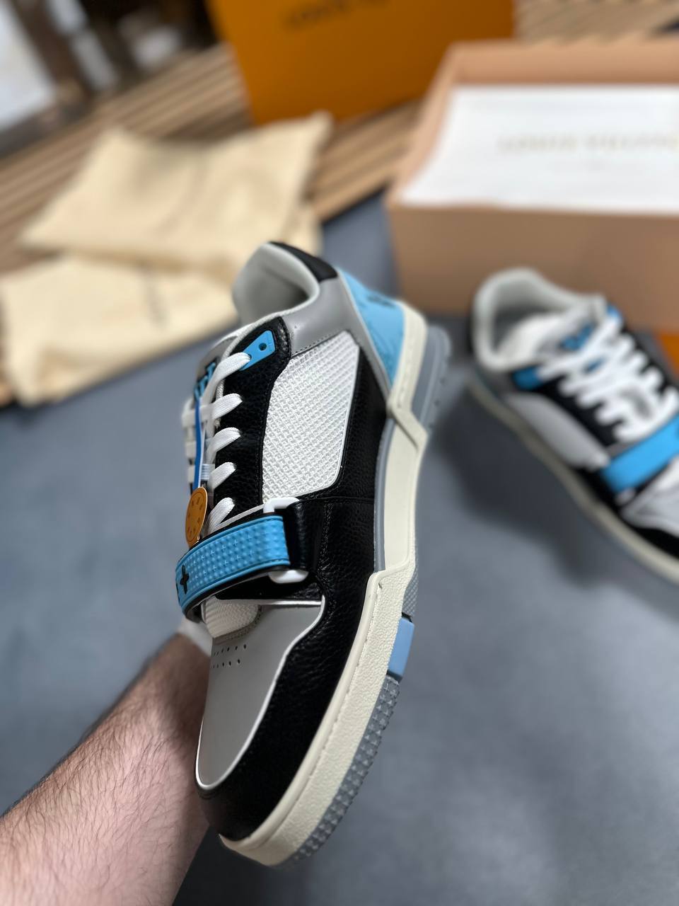 Louis Vuitton LV Trainer Black Blue Monogram Flower Sneakers for Men Sale UK