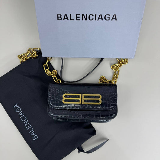 Balenciaga Black Croc Embossed Leather Gossip Wallet On Chain Sale UK