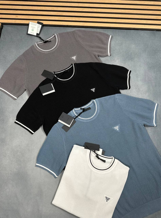 Prada Milano Triangle Logo Cotton Replica T Shirts for Men's Size KNITTED TEE  Sale UK