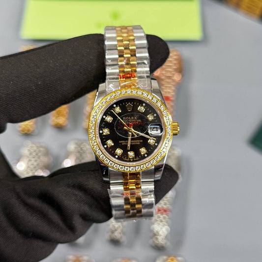 Rolex Lady-Datejust Watch Two Tone Chain Black Dial Womens Fashion UK Reps AAA Quality