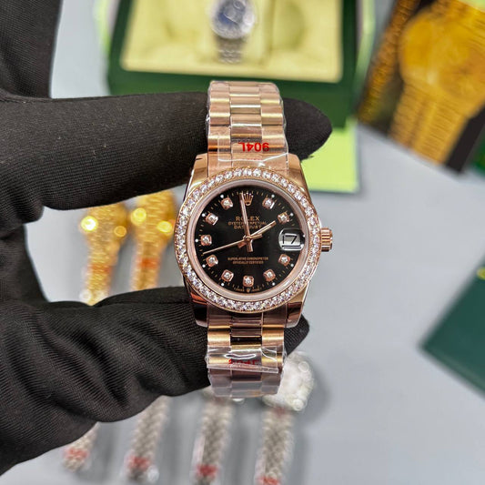 Rolex Lady-Datejust Watch Rose Gold Chain Black Dial Womens Fashion UK Reps AAA Quality