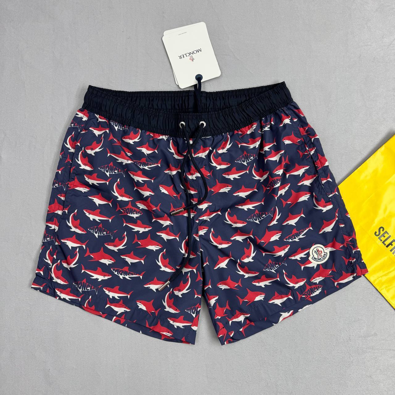 Moncler White & Blue Red Shark Printed Swim Shorts Mens UK Reps AAA Quality