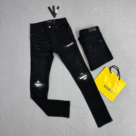 Amiri Leather Camo MX1 Aloha Patch Black Aged Jeans in Multiple Waist Sizes Mens Best Sale UK Reps AAA Quality