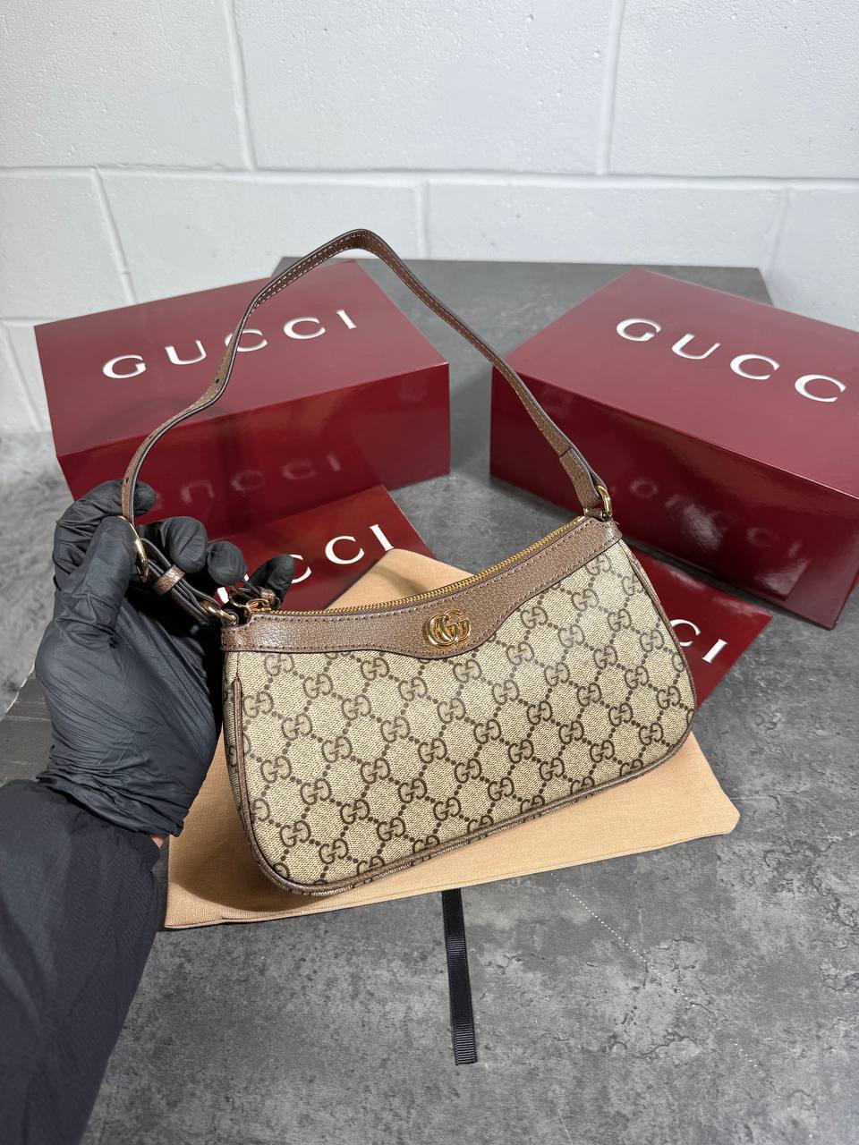 Gucci Ophidia Small Shoulder Bag in Beige and Dark Brown GG Womens UK Reps AAA Quality