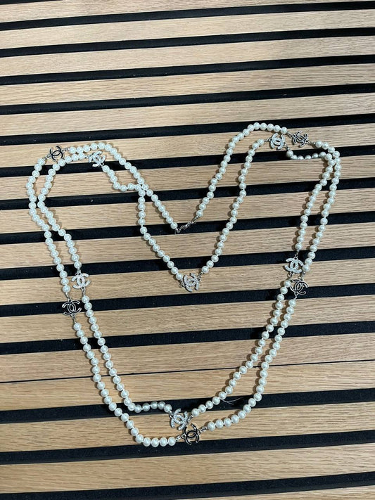 Chanel Pearl Silver Full Crystal Inlaid Chain Silver Beaded Ladies Necklace in 2 Colors UK Reps AAA Quality