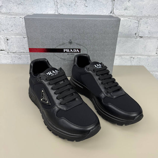 Prada Prax 01 Re-Nylon and Brushed Black Leather Trainers Mens UK Reps AAA Quality