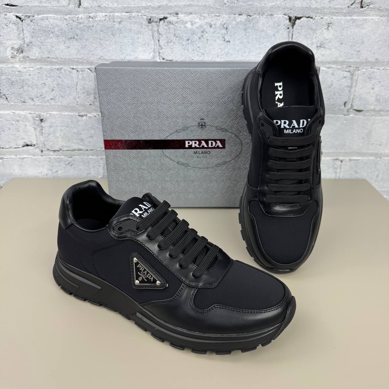 Prada Prax 01 Re-Nylon and Brushed Black Leather Trainers Mens UK Reps AAA Quality