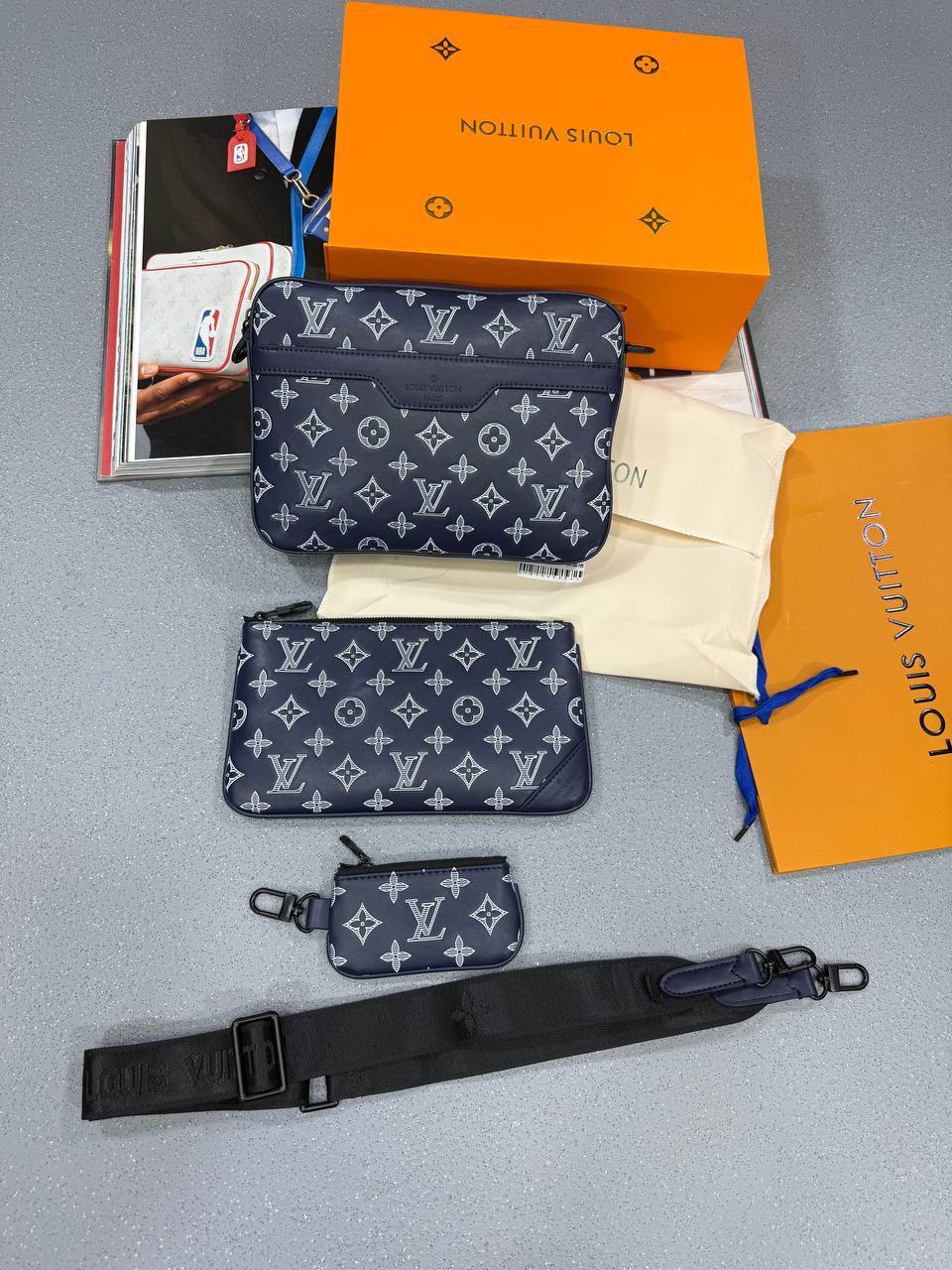 Louis Vuitton Men's Trio Messenger Monogram Shadow Leather Bag in Blue Best Sale UK Reps AAA Quality