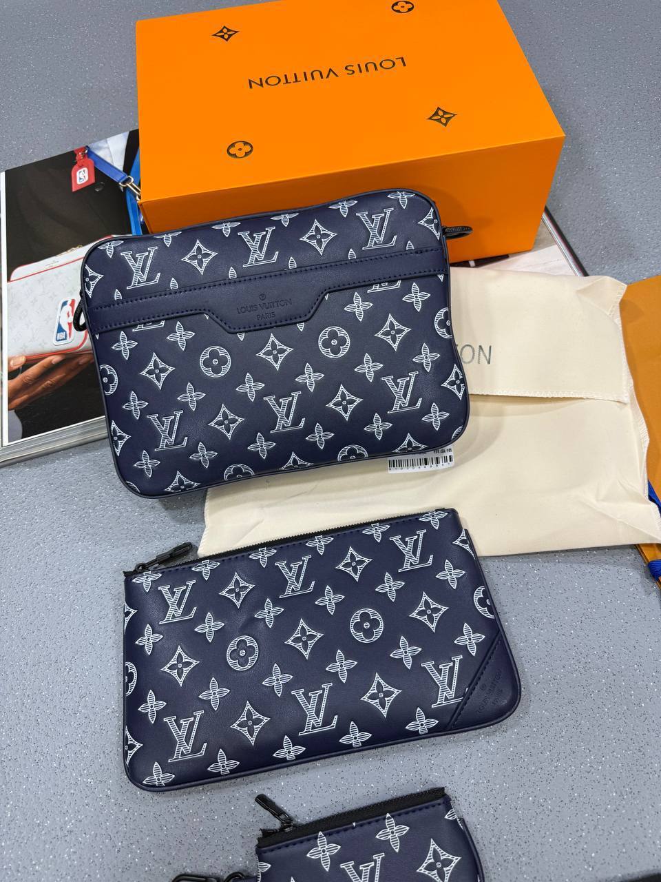 Louis Vuitton Men's Trio Messenger Monogram Shadow Leather Bag in Blue Best Sale UK Reps AAA Quality