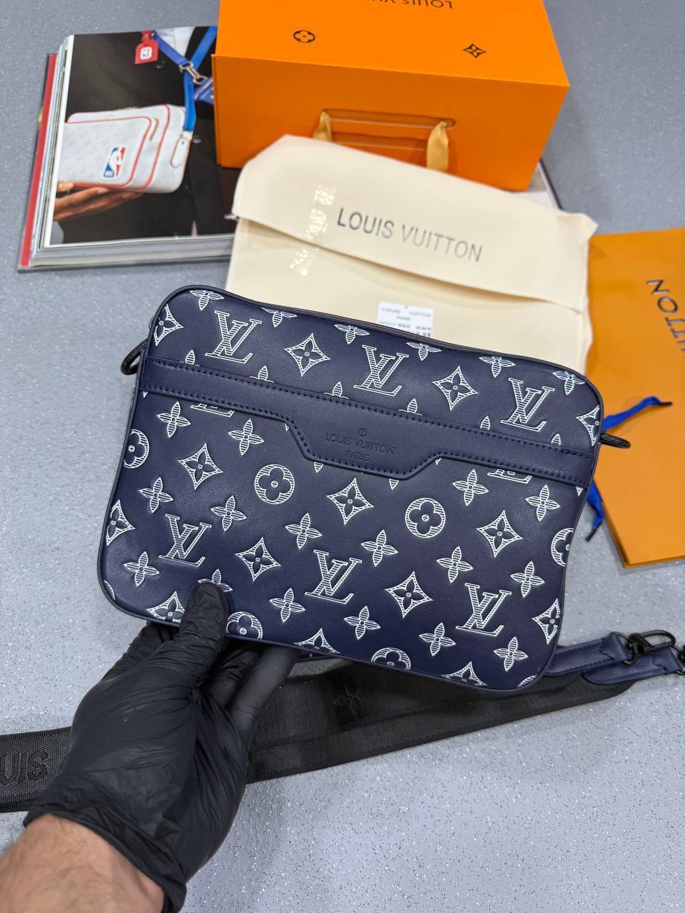 Louis Vuitton Men's Trio Messenger Monogram Shadow Leather Bag in Blue Best Sale UK Reps AAA Quality