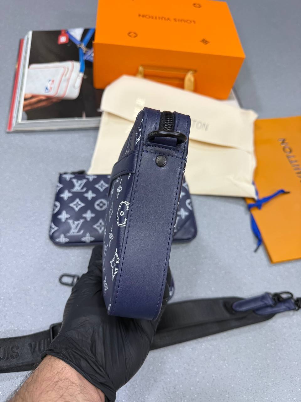 Louis Vuitton Men's Trio Messenger Monogram Shadow Leather Bag in Blue Best Sale UK Reps AAA Quality