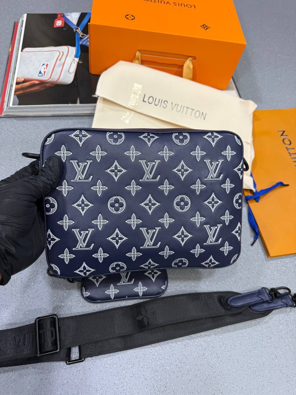 Louis Vuitton Men's Trio Messenger Monogram Shadow Leather Bag in Blue Best Sale UK Reps AAA Quality