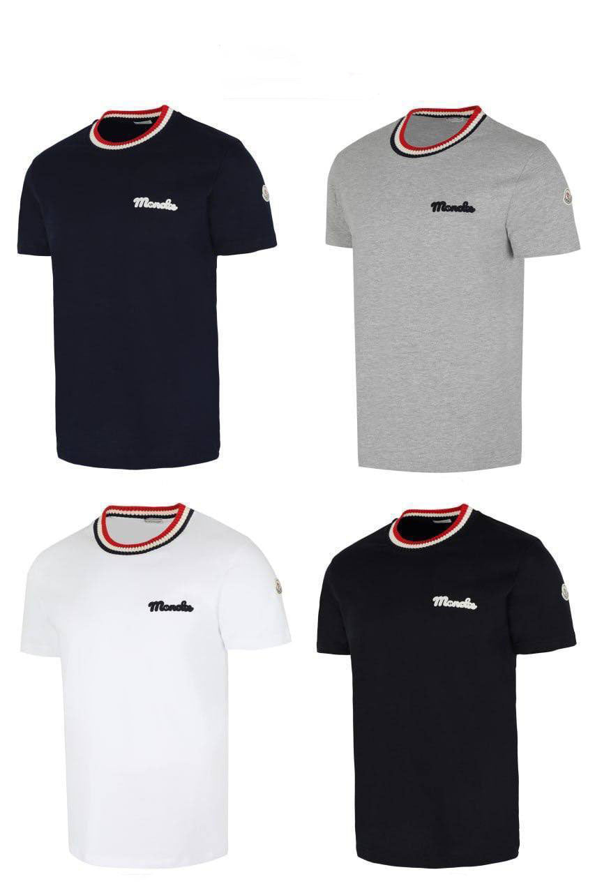 Moncler Striped Stretch-Knit Retro Logo with Striped Crewneck T-shirts Mens UK Reps AAA Quality