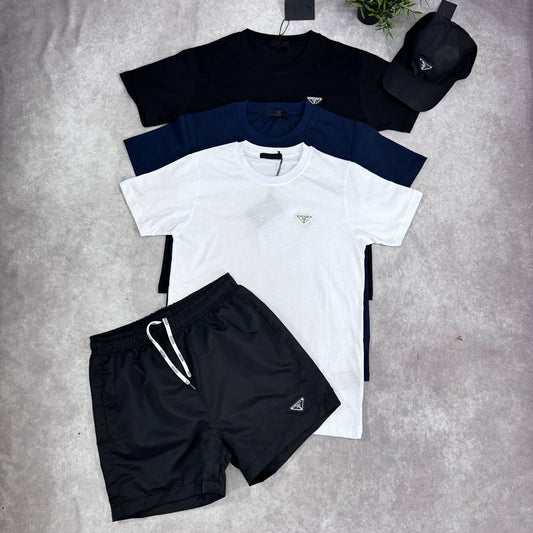 Prada Triangle Logo Short Sleeve T-Shirts & Shorts Set Mens UK Reps AAA Quality