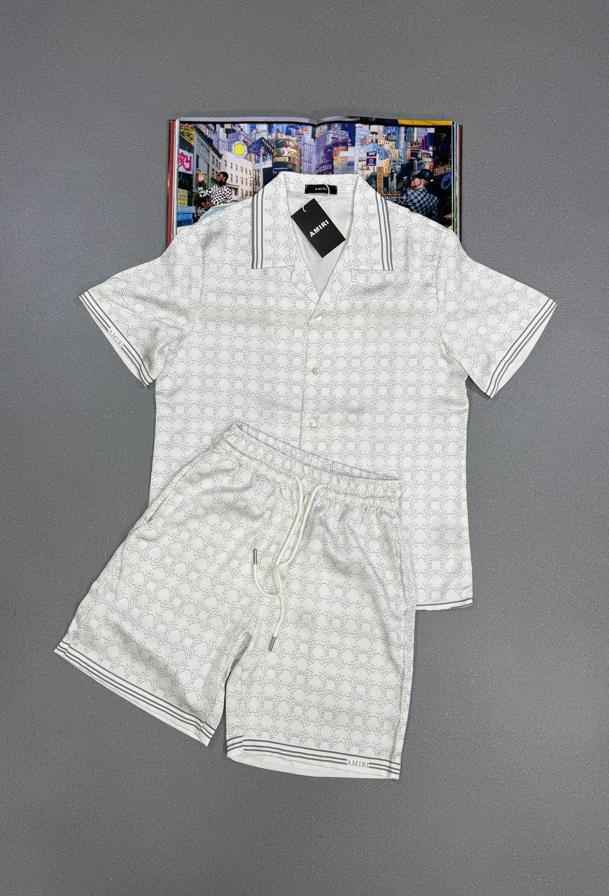 Amiri Mens Fashion Loose Allover Print Shirt & Shorts Set in Beige Color UK Reps AAA Quality