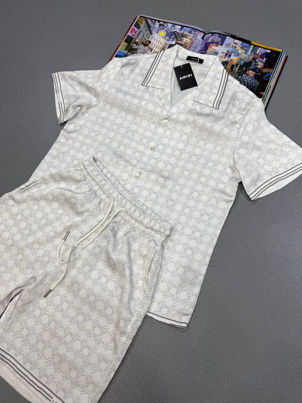 Amiri Mens Fashion Loose Allover Print Shirt & Shorts Set in Beige Color UK Reps AAA Quality