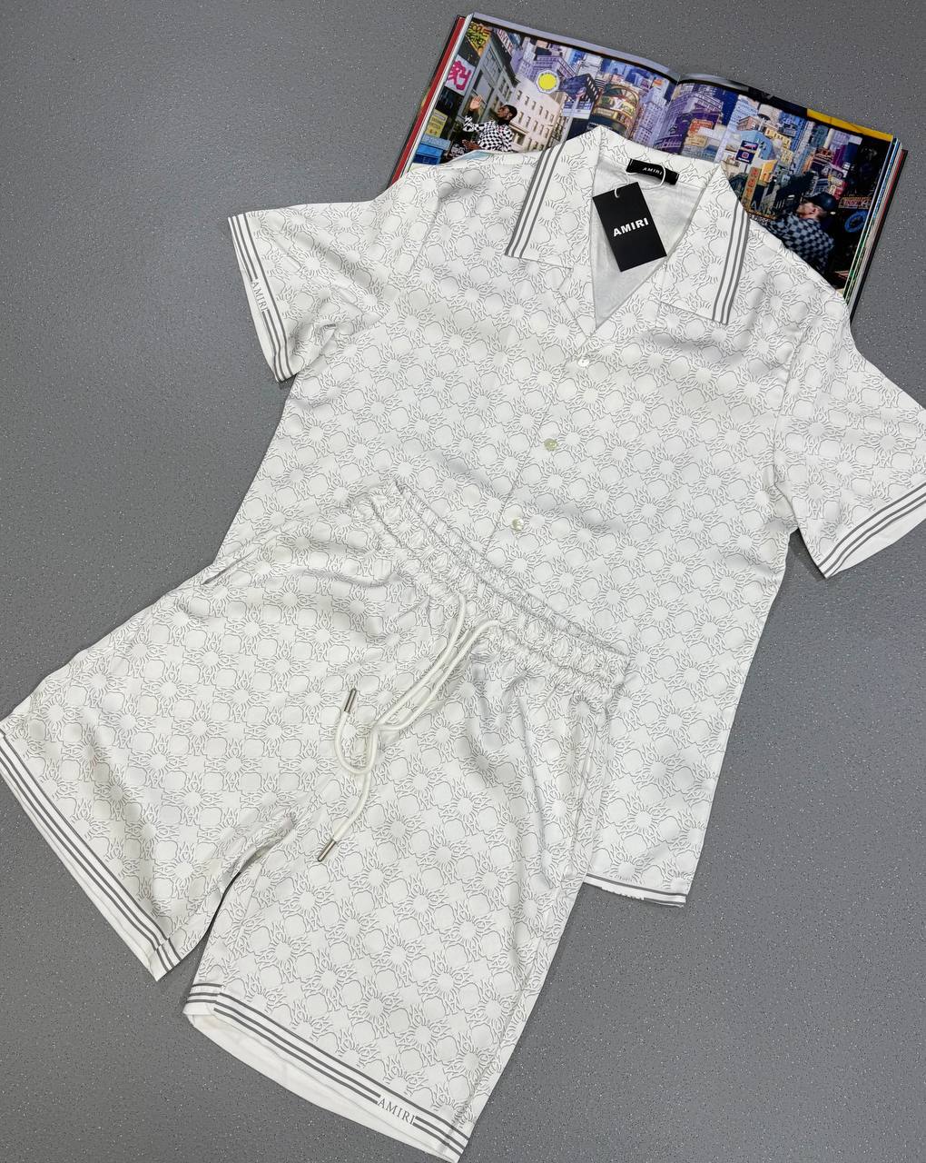 Amiri Mens Fashion Loose Allover Print Shirt & Shorts Set in Beige Color UK Reps AAA Quality