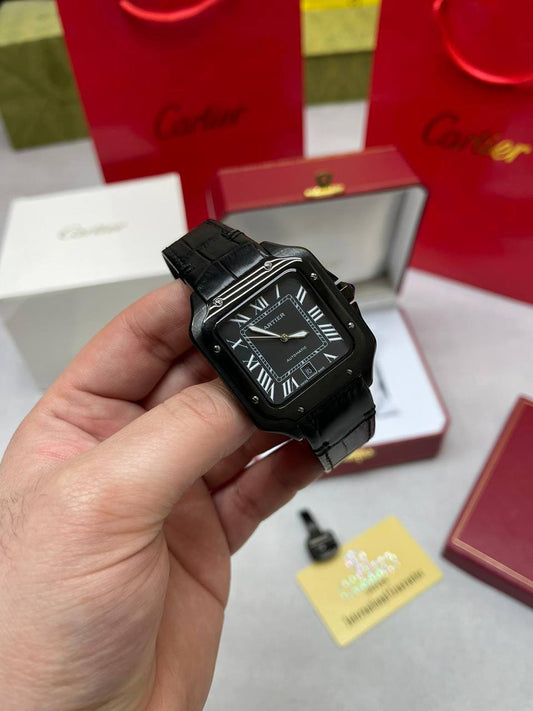 Cartier Santos 100 Steel Black Dial Black Leather Strap Mens Watch UK Reps AAA Quality