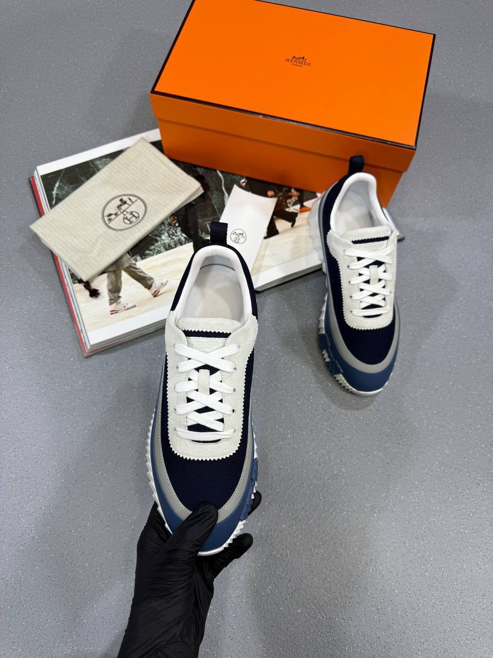 Hermes Leather Blue/Gray Bouncing Sneakers Mens Style & Comfort Best Sale UK Reps AAA Quality
