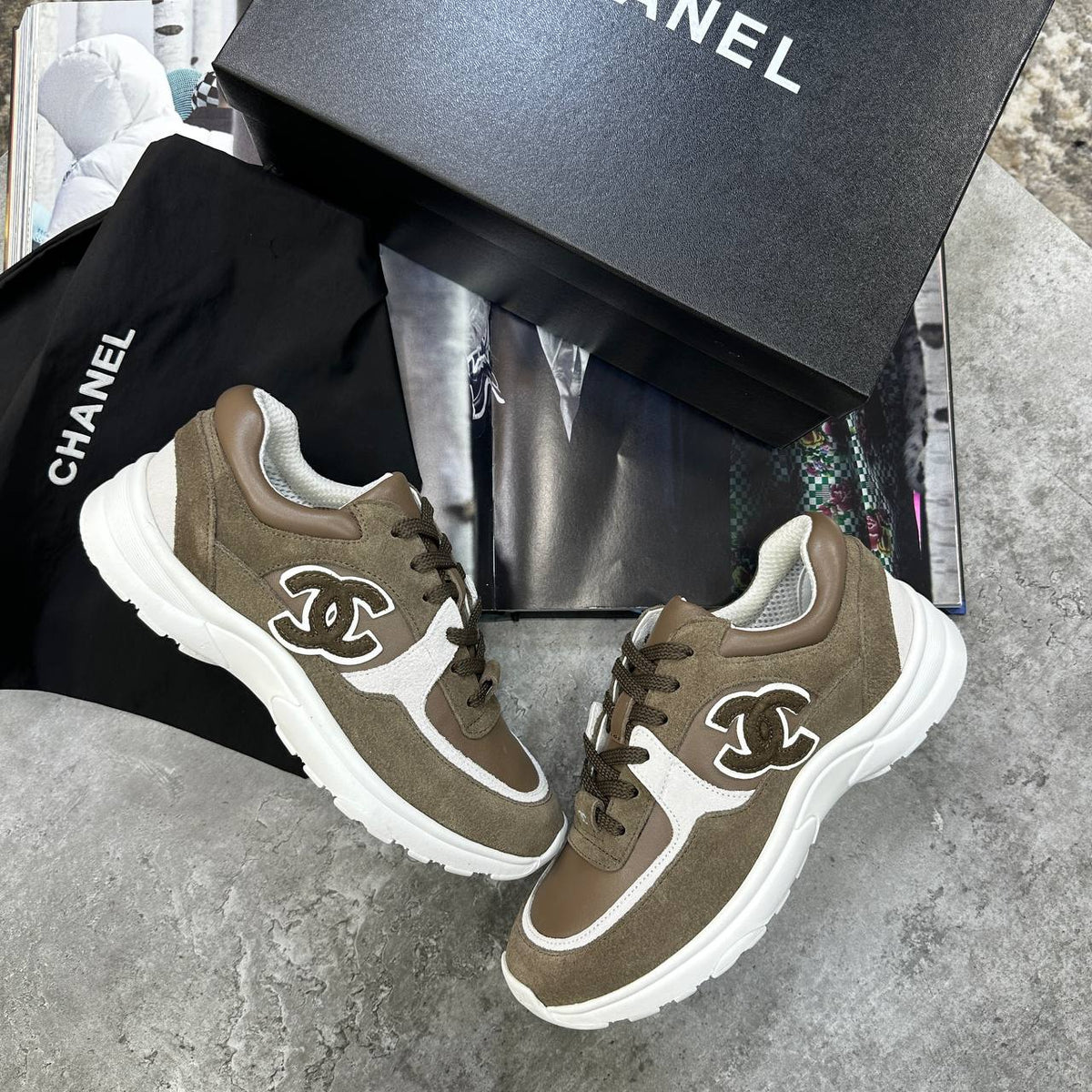 Chanel CC Calfskin & Mesh Khaki Colorway Trainers UK Reps Superclone Quality