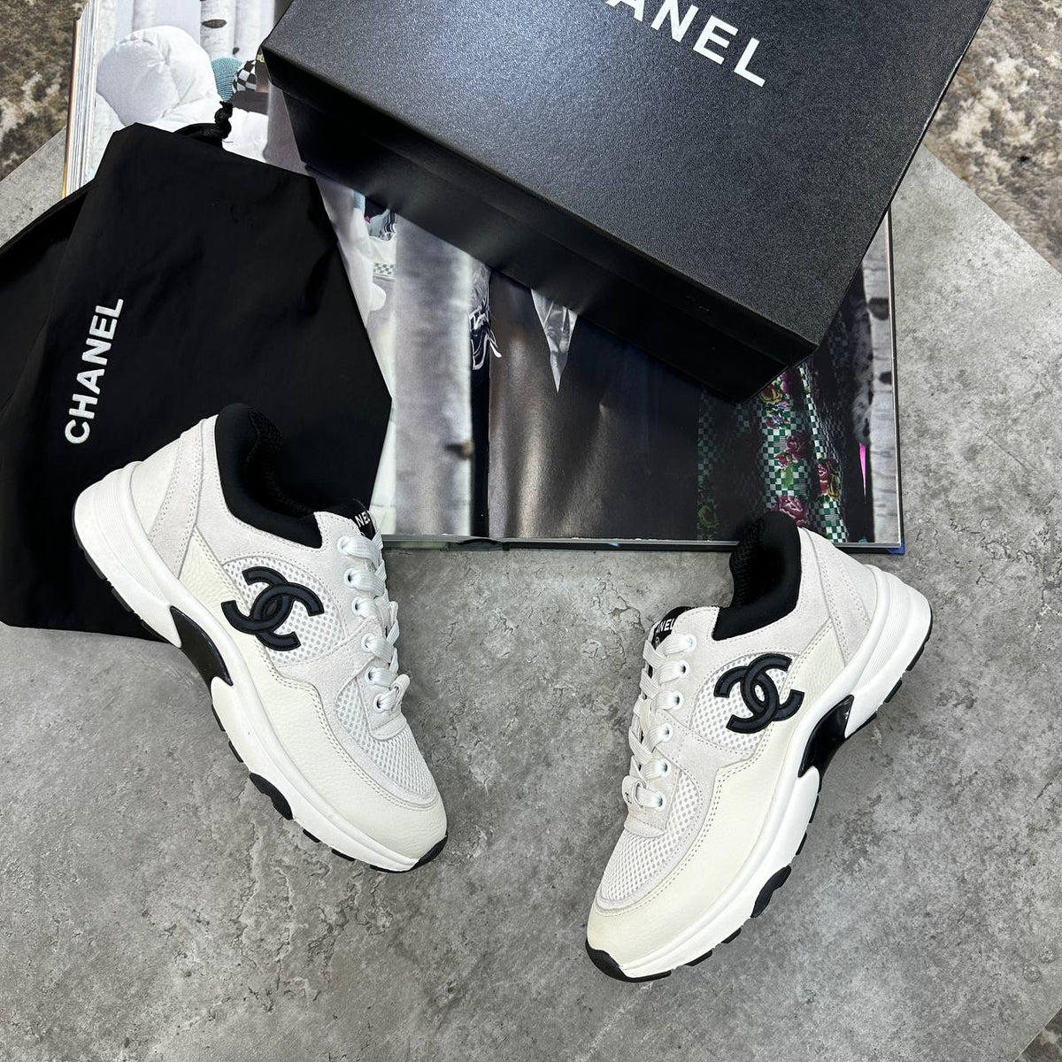 Chanel CC Calfskin & Mesh White & Black Colorway Trainers UK Reps Superclone Quality