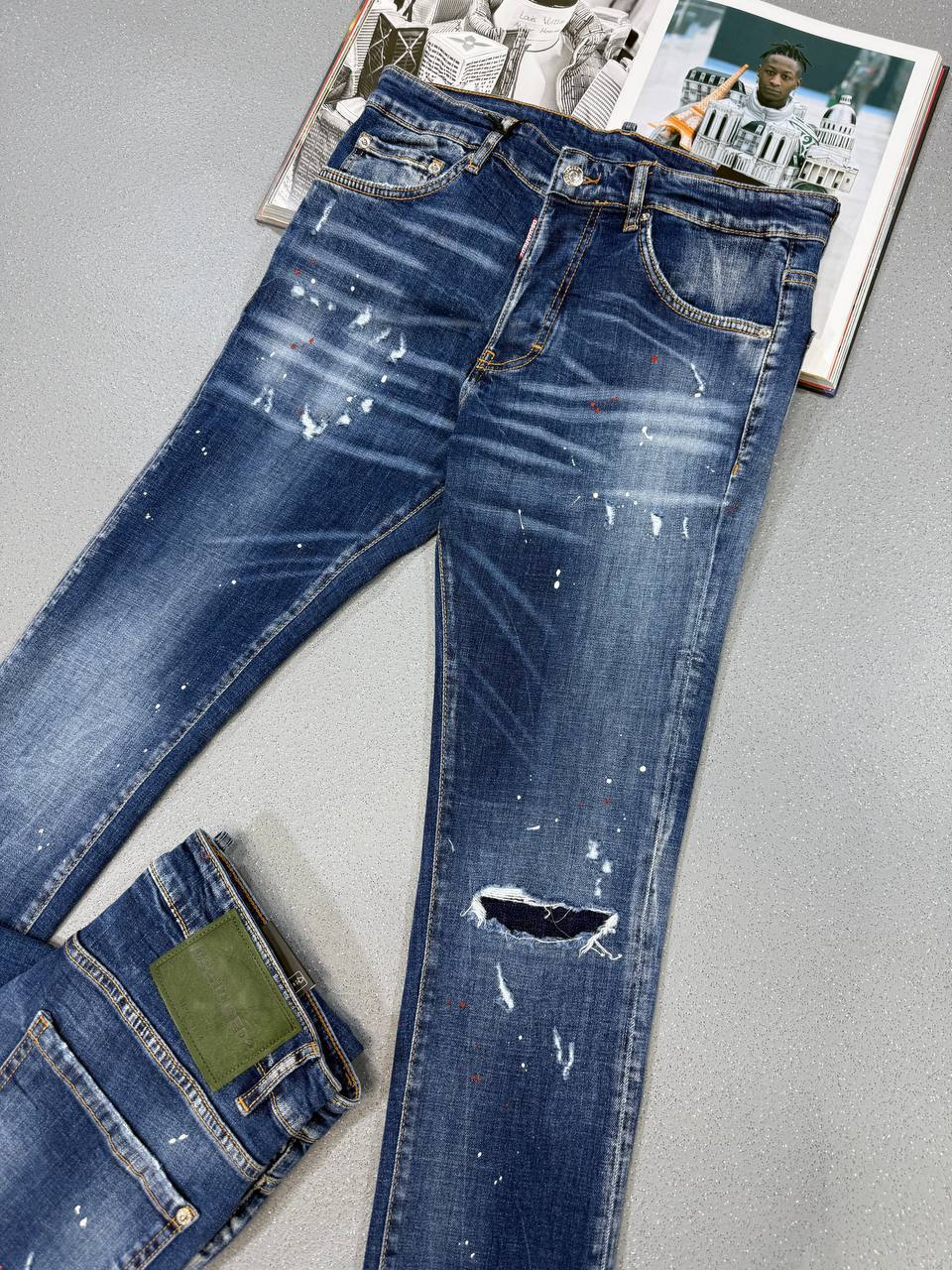 Dsquared2 Tidy Biker Painted Distressed Skinny Jeans Pants Men's Dark Blue in Multiple Waist Sizes Best Sale UK Reps AAA Quality