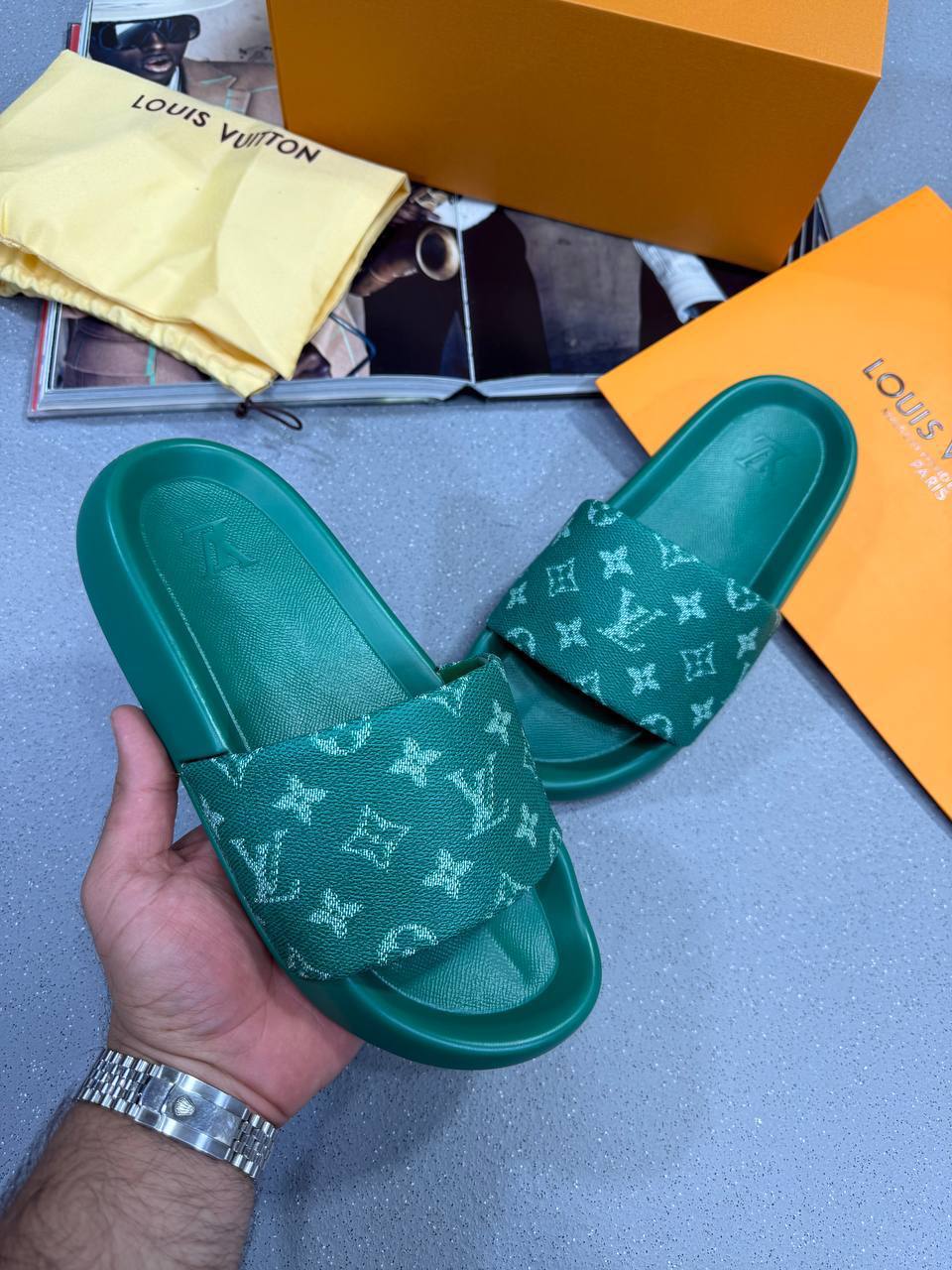 Louis Vuitton Waterfront Stylish Sliders Mens in Green Best Sale UK Reps AAA Quality