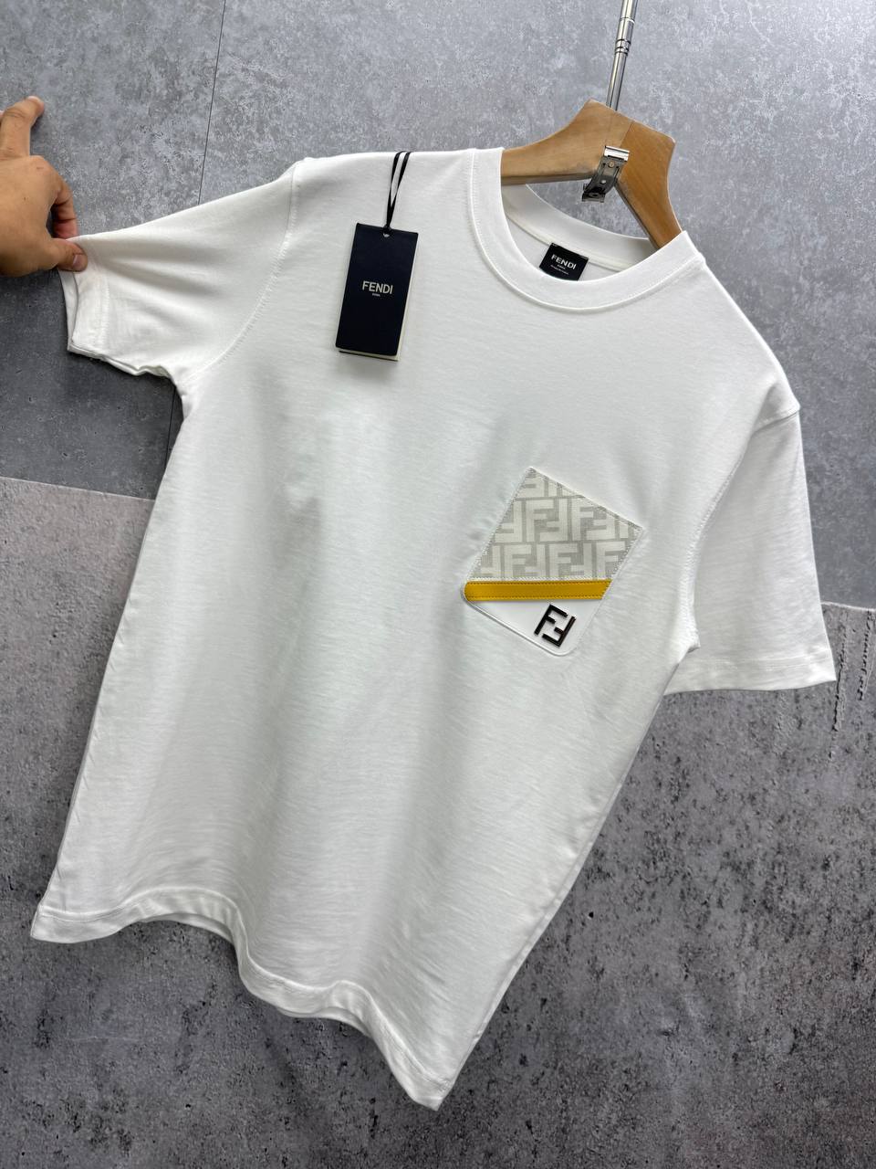 Fendi Tee with Yellow Stripe FF Pocket Tshirts Mens in 2 Colors UK Reps AAA Quality