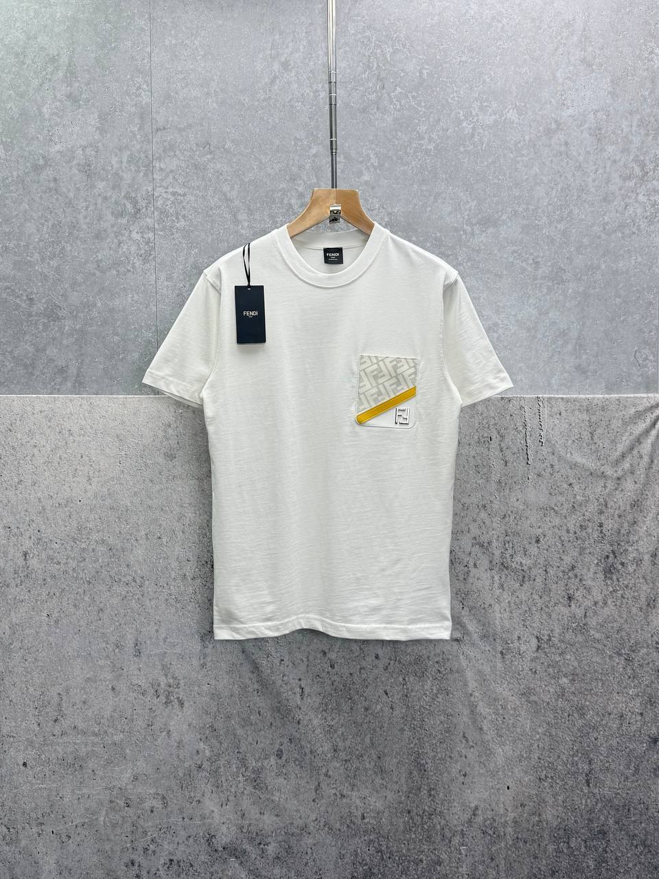 Fendi Tee with Yellow Stripe FF Pocket Tshirts Mens in 2 Colors UK Reps AAA Quality