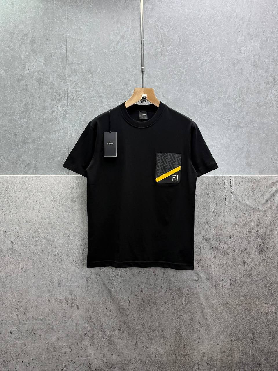 Fendi Tee with Yellow Stripe FF Pocket Tshirts Mens in 2 Colors UK Reps AAA Quality