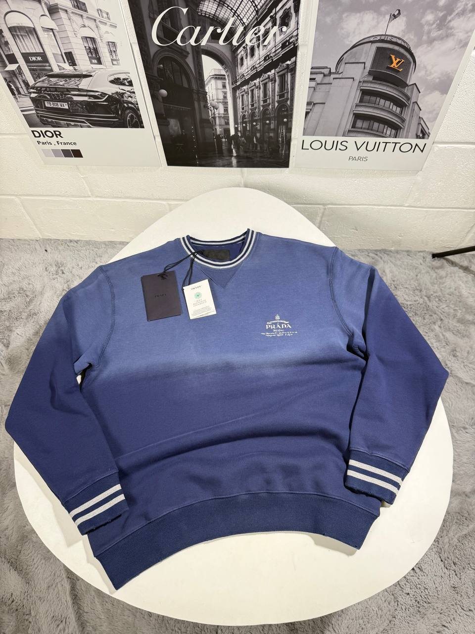 Prada Logo-Embroidered Stripe-Trim Cotton-Fleece Jumpers in Blue UK Reps AAA Quality