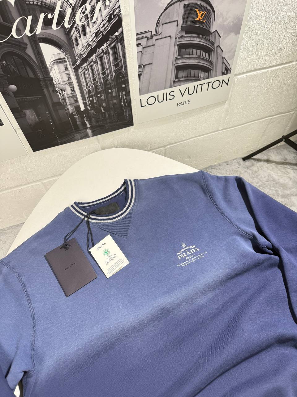 Prada Logo-Embroidered Stripe-Trim Cotton-Fleece Jumpers in Blue UK Reps AAA Quality