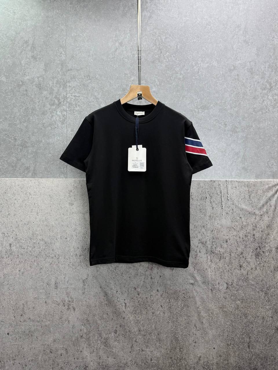 Moncler Tricolour Arm Stripe Logo Cotton T-shirts Mens in 2 Colors UK Reps AAA Quality