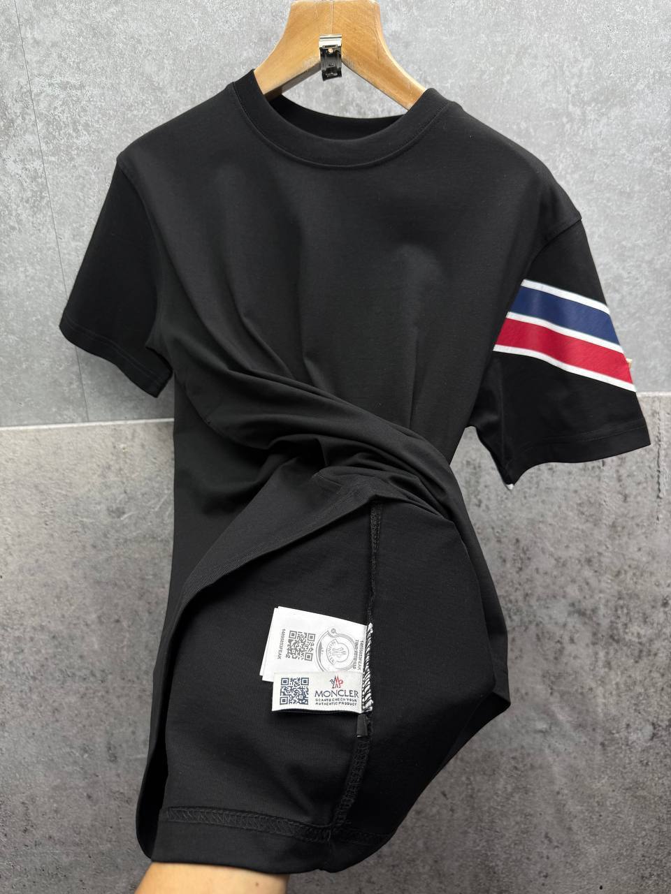 Moncler Tricolour Arm Stripe Logo Cotton T-shirts Mens in 2 Colors UK Reps AAA Quality