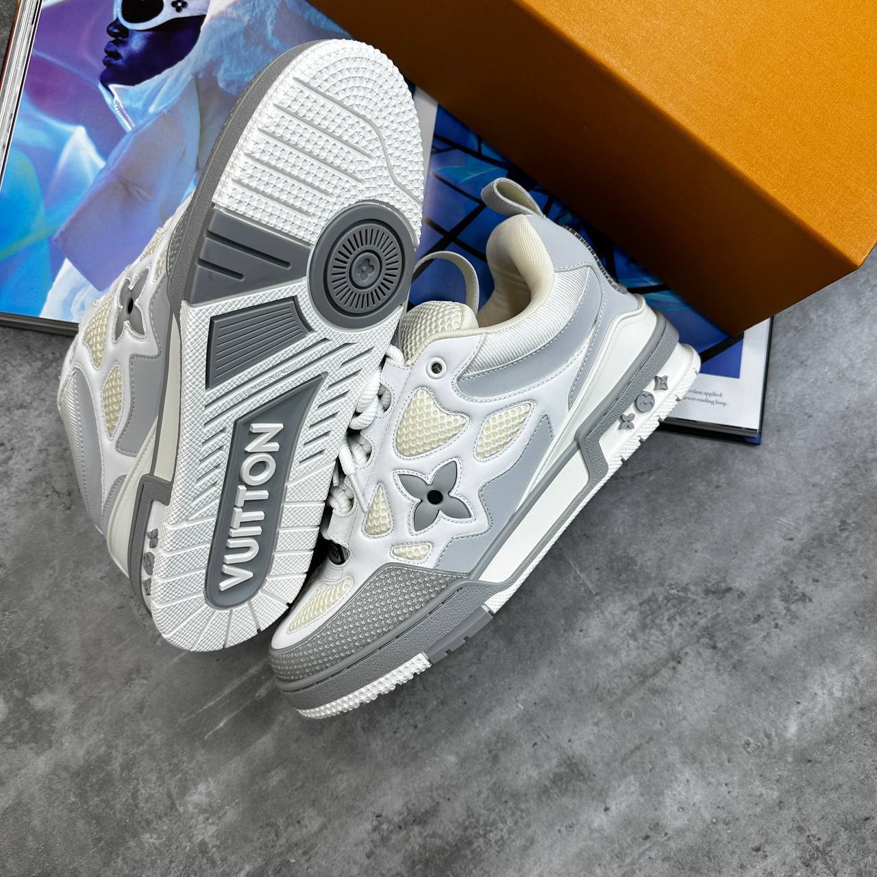 Louis Vuitton Low Top Skate Sneakers Grey/White Mens Best Sale UK Reps AAA Quality