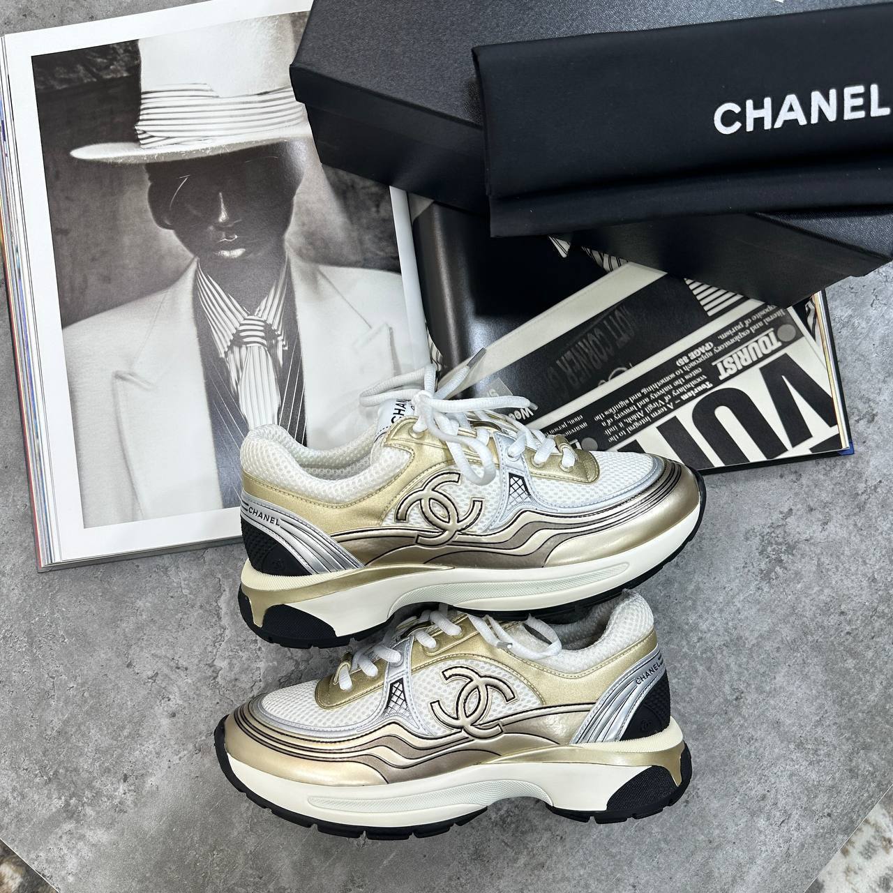 Chanel Laminated Ivory Metallic Flat Trainers Women's in Silver Color UK Reps AAA Quality
