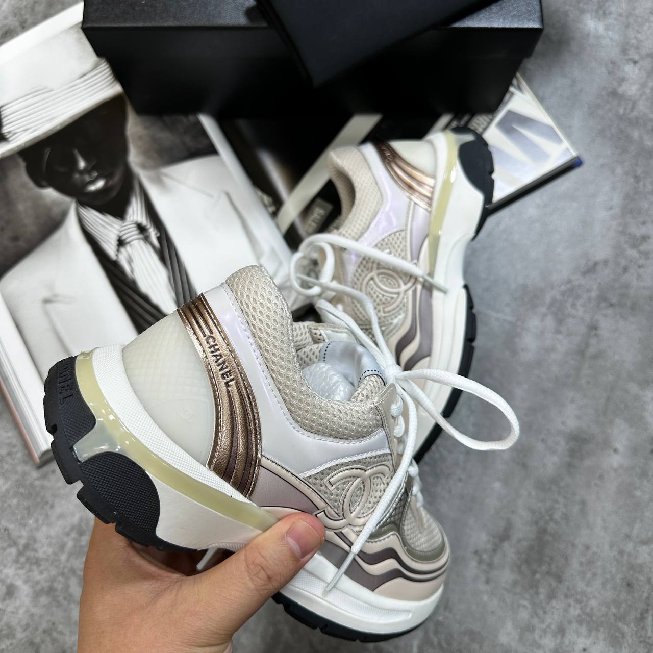 Chanel Laminated Ivory Metallic Flat Trainers Women's in Shiny Gold Color UK Reps AAA Quality