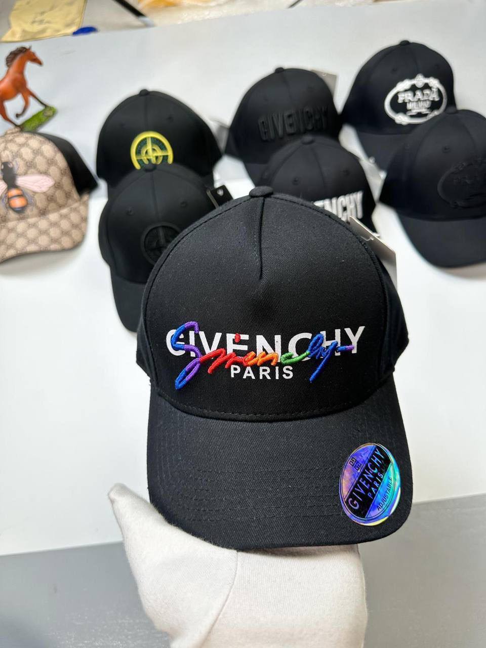 Givenchy Paris Rainbow Logo Baseball Cap Mens in Black UK Reps AAA Quality
