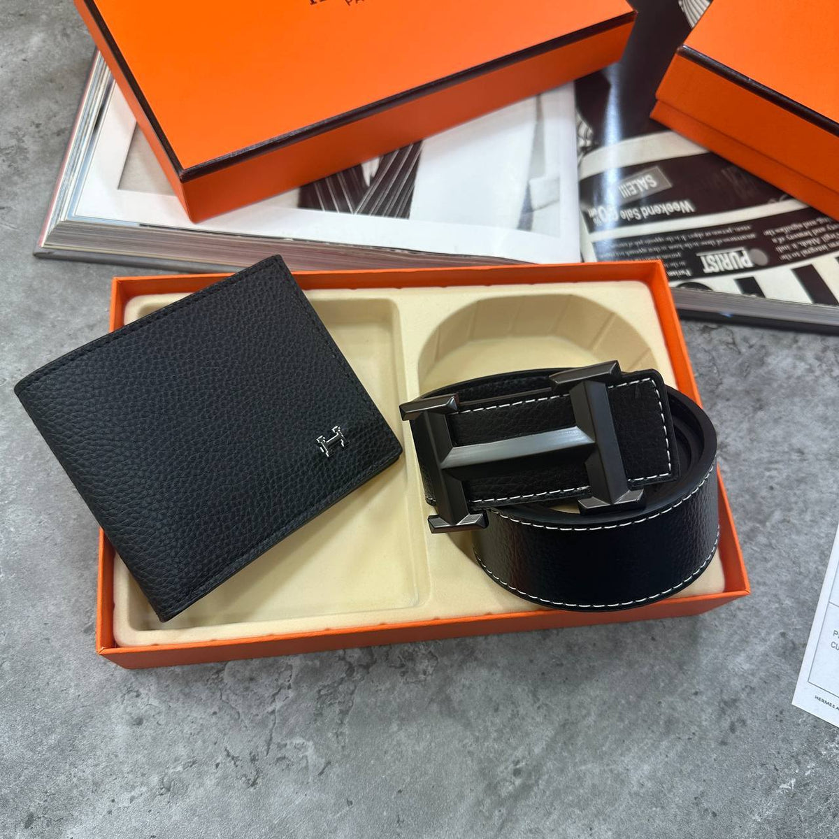 Hermès Leather Belt and Bifold Wallet Sets Mens Black UK Reps Superclone Quality