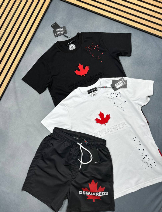Dsquared 2 Red Leaf Black Graphic T-Shirts & Shorts Sets Men's